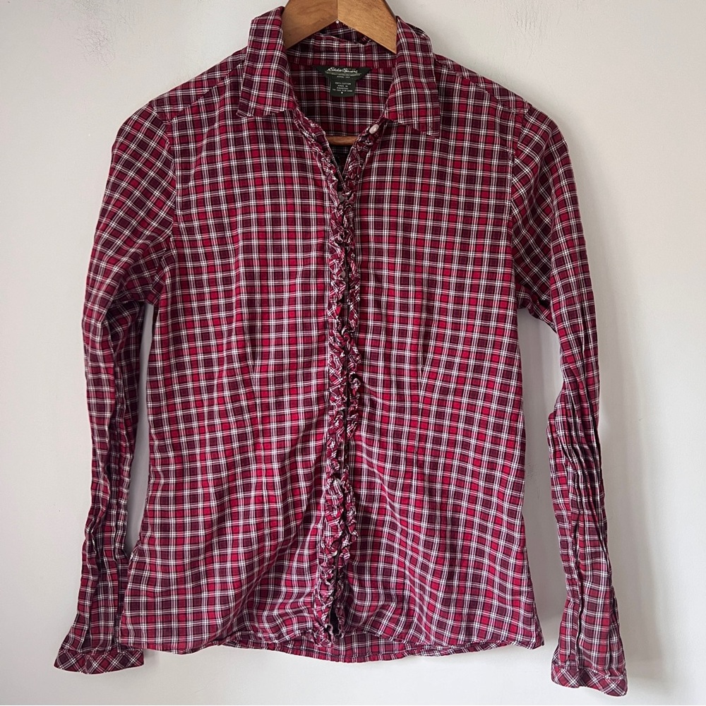 Eddie Bauer Button Down Mini Ruffle Plaid Collar … - image 1